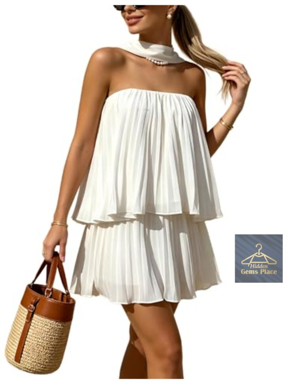 Chiffon Two Piece Set Strapless Top and Skort with Neck Scarf Bachelorette